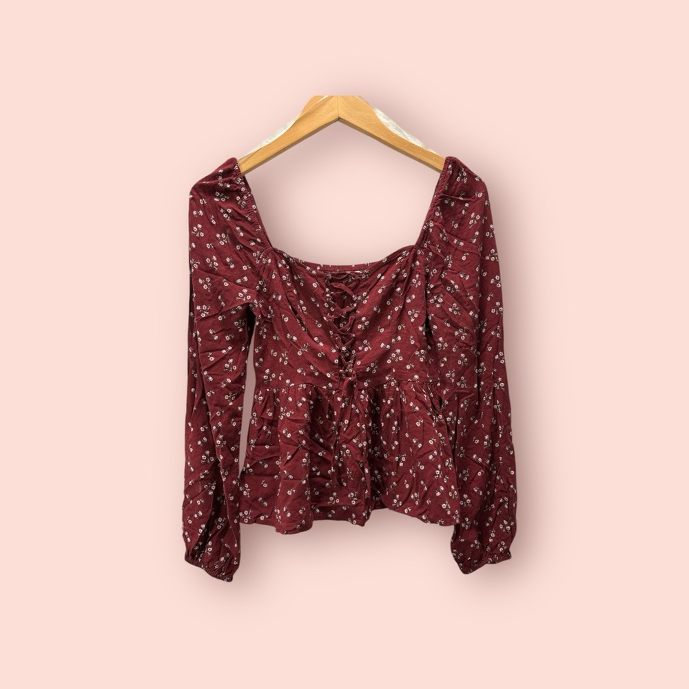 Aeropostale Red Long Sleeve Tie Front Peplum Blouse